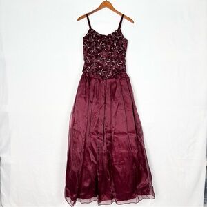Vintage 90s Kiki USA Corset Embroidered Dress Gown Burgundy Red Size M A Line